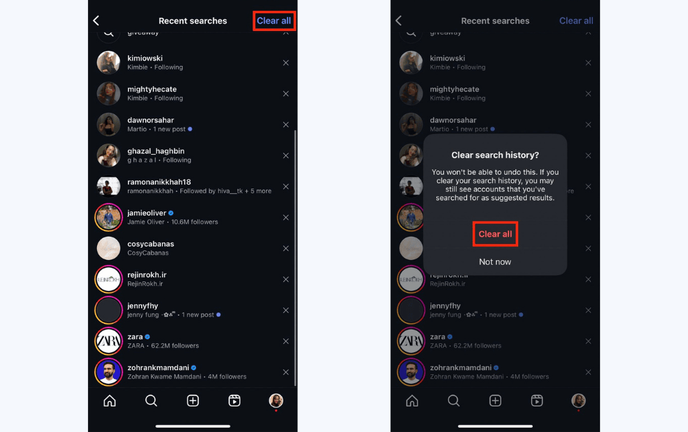 how to clear search history on instagram
