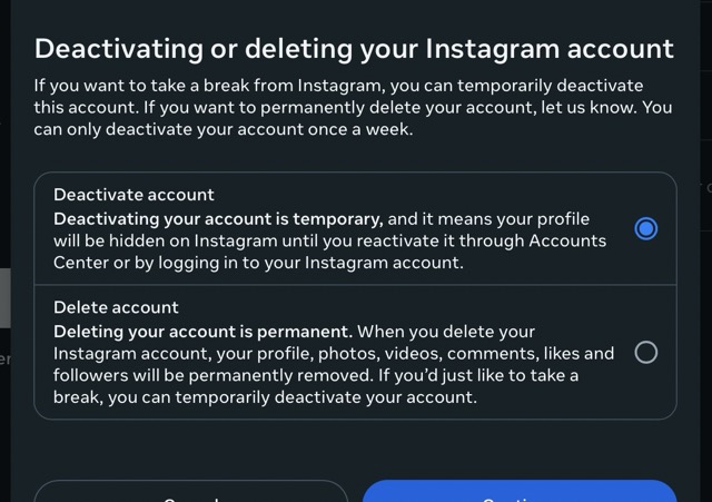 Pick “Delete account” and click “Continue,”