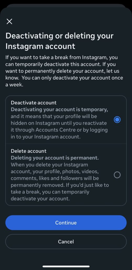 Choose the account you want to delete