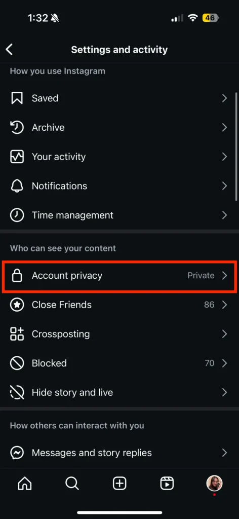 Scroll down to find “Account privacy”