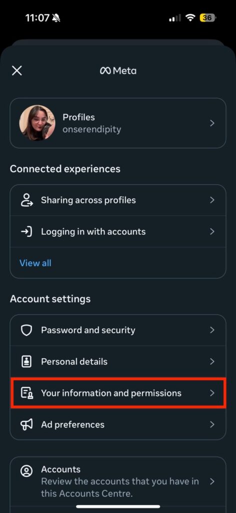 'your information and premissions' section on instagram