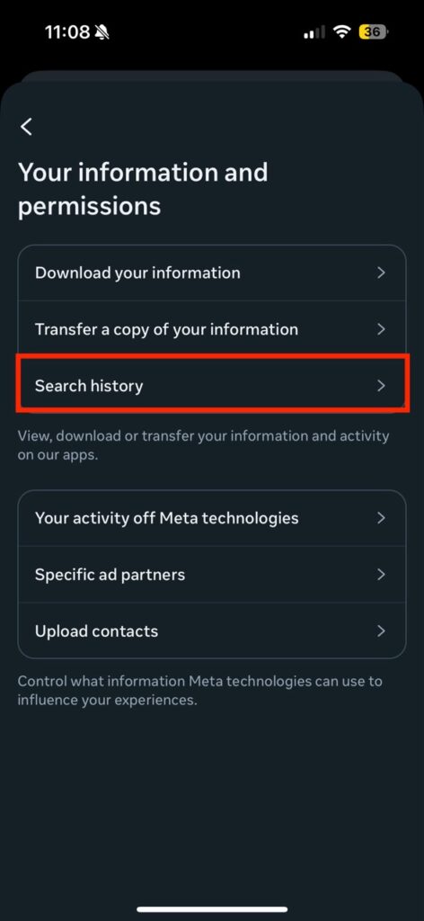 'search history' button on instagram