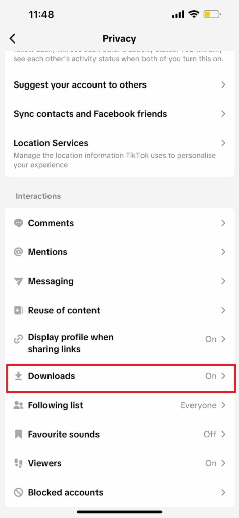 Select Downloads among Interactions Options to Turn It off (Step 4)