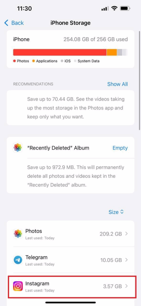 Clear Instagram Cache through Offloading (step 3)