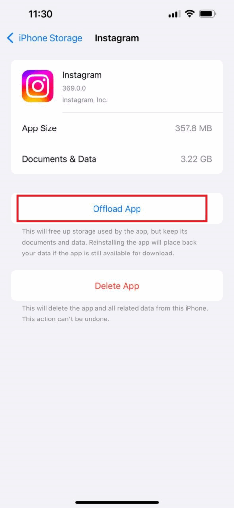 Clear Instagram Cache through Offloading (step 4)