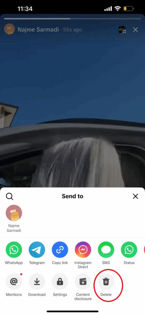 Deleting TikTok Story from Share Menu (step 2)