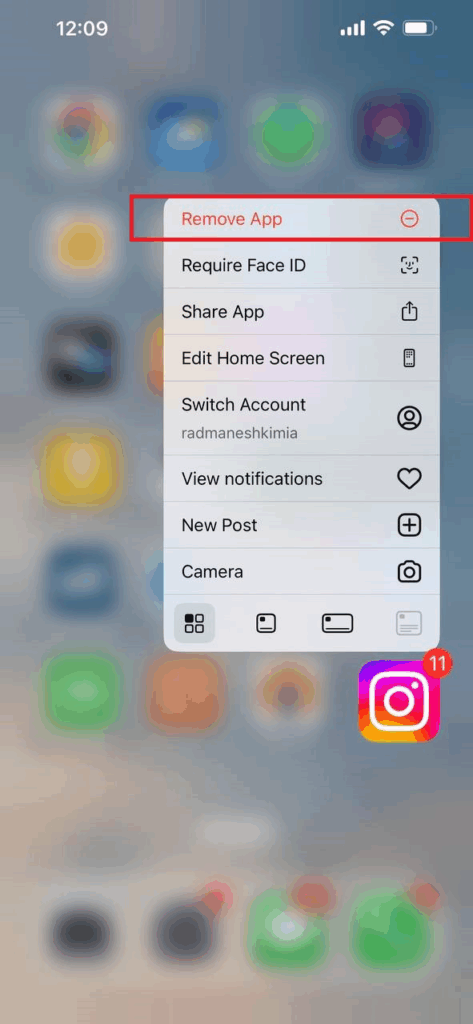 How to Clear Instagram Cache on iPhone by Deleting the App (step 1)